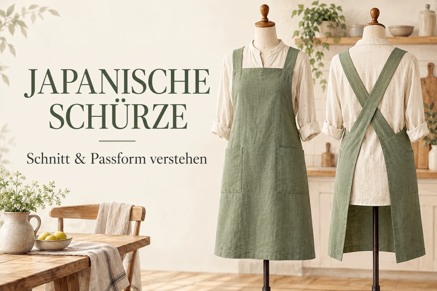 Grüne japanische Schürze auf Schneiderpuppen: Vorderansicht und gekreuzte Rückenträger